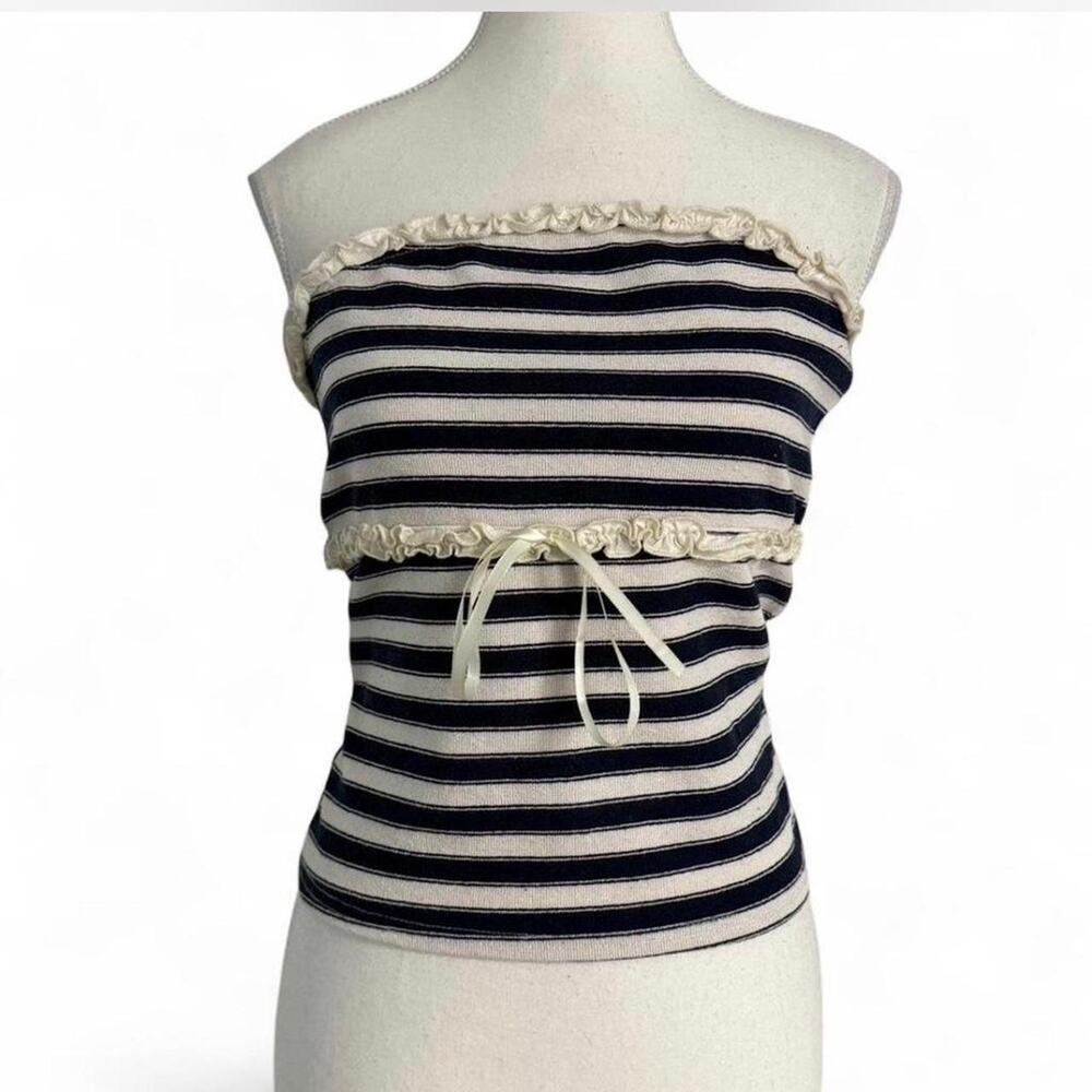 La Peche navy + white striped tube top ruffle trim and tie back detail Size: XL